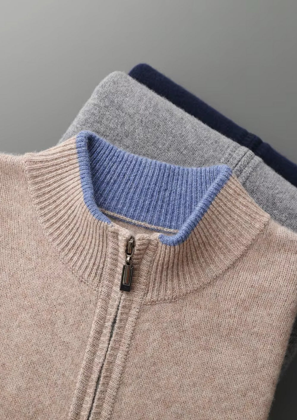 Bluza Dzianinowa Męska na Zamek – Kardigan z Kontrastowym Kołnierzem