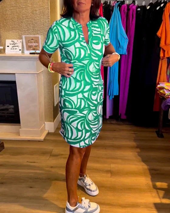 Damska Sukienka Midi we Wzory - Prosta Sukienka z Dekoltem V i Kieszeniami