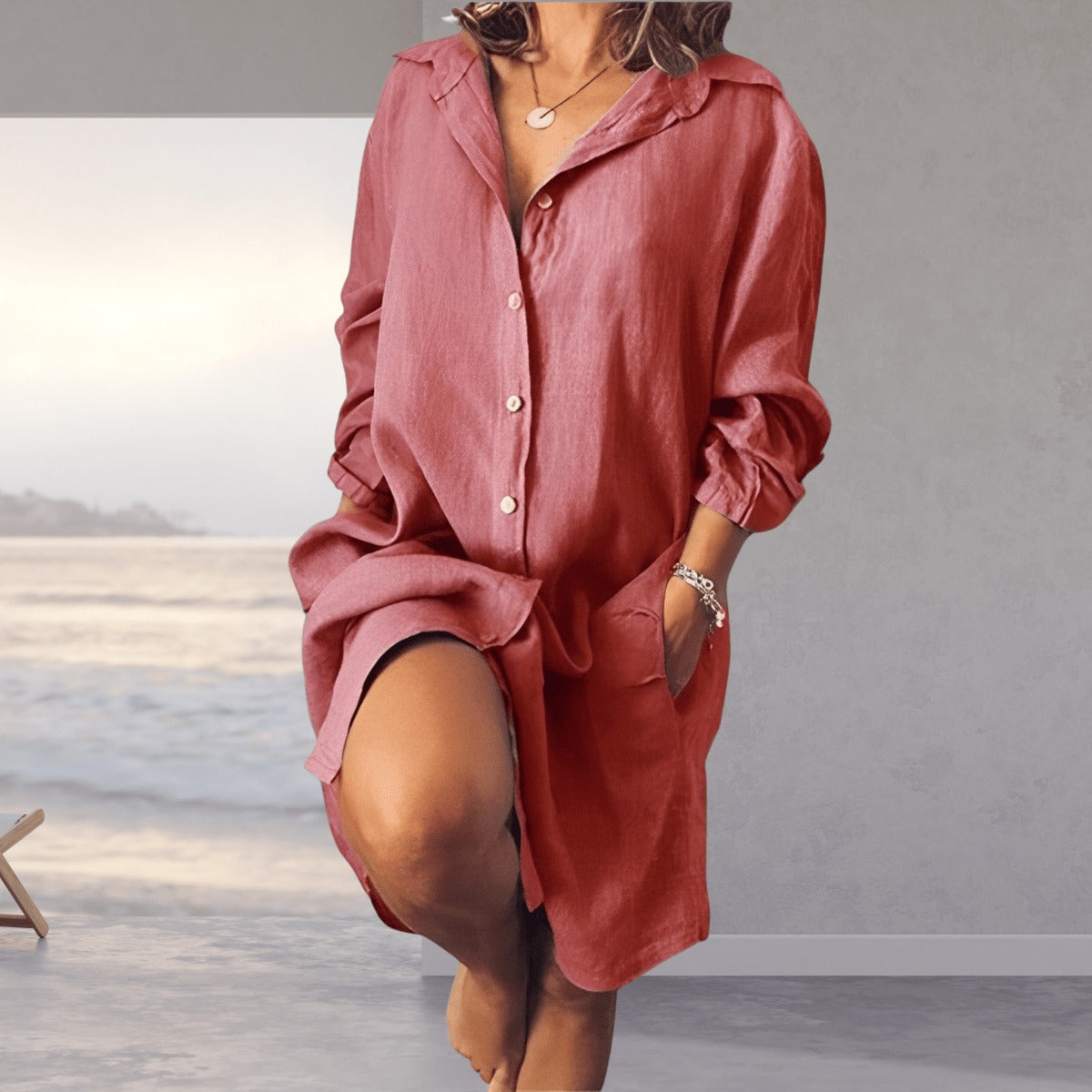 Biała Sukienka Koszulowa Oversize - Luźna Tunika Damska z Długim Rękawem