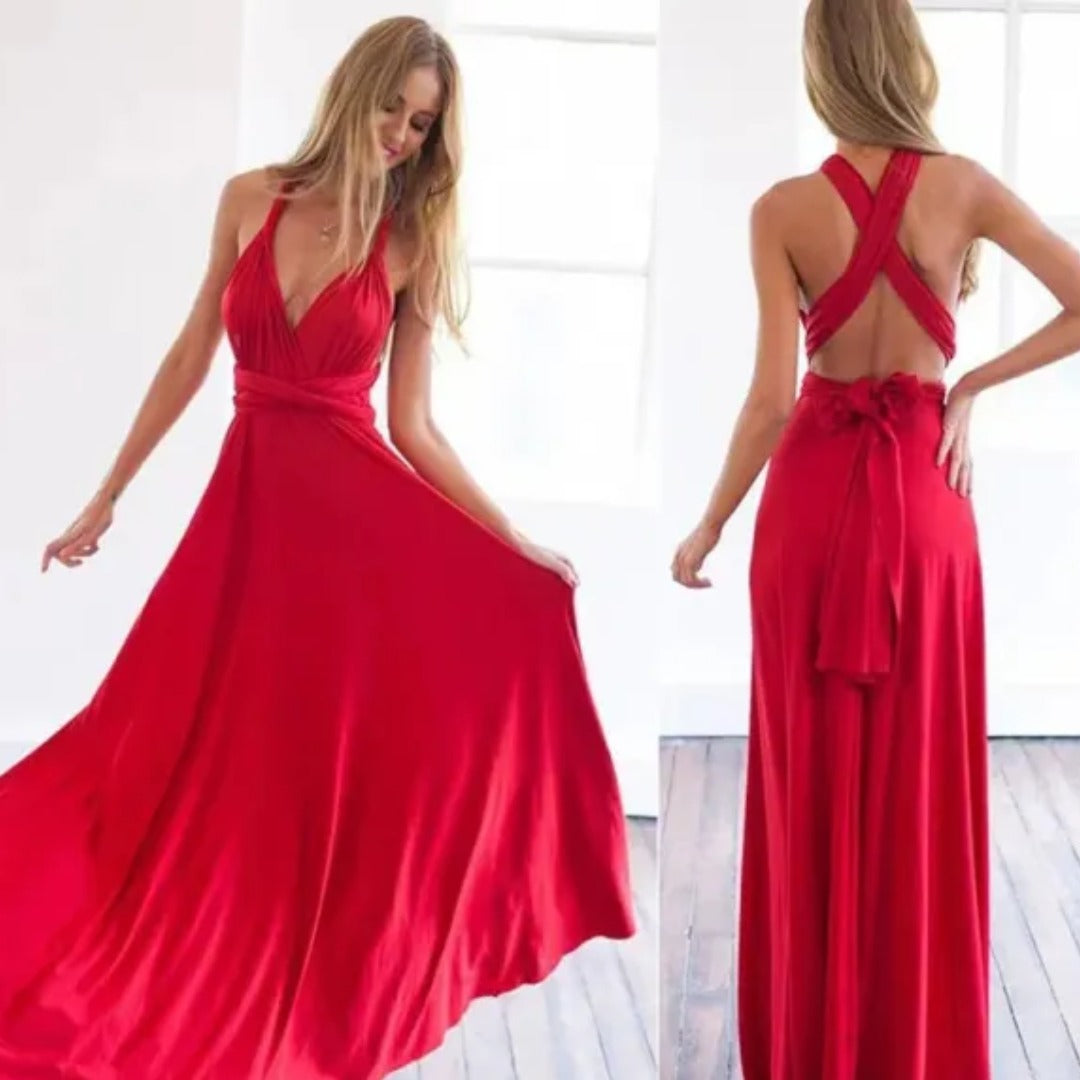 Elegancka Długa Sukienka Maxi Kopertowa – Wieczorowa Suknia z Odkrytymi Plecami