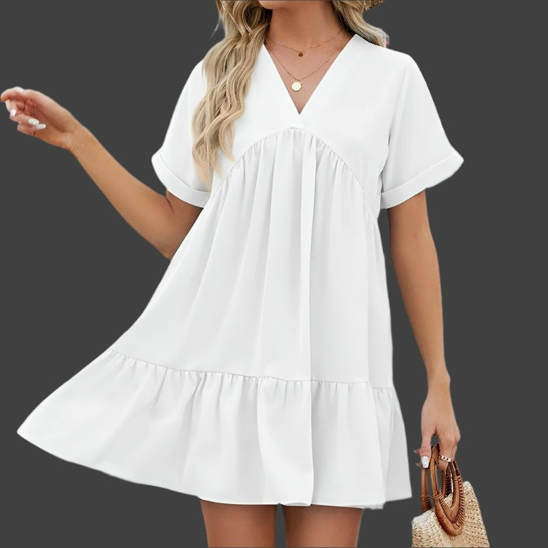 Biała Sukienka Mini o Kroju A - Sukienka z Dekoltem V i Falbaną