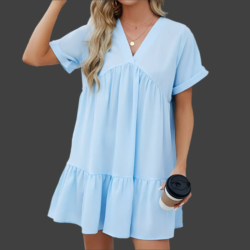 Biała Sukienka Mini o Kroju A - Sukienka z Dekoltem V i Falbaną