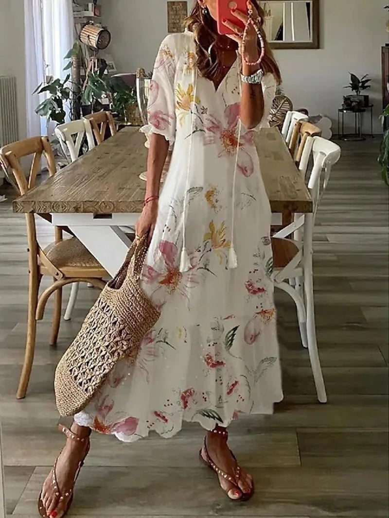 Damska Sukienka Letnia Maxi w Kwiaty - Zwiewna Sukienka z Dekoltem V i Krótkim Rękawem