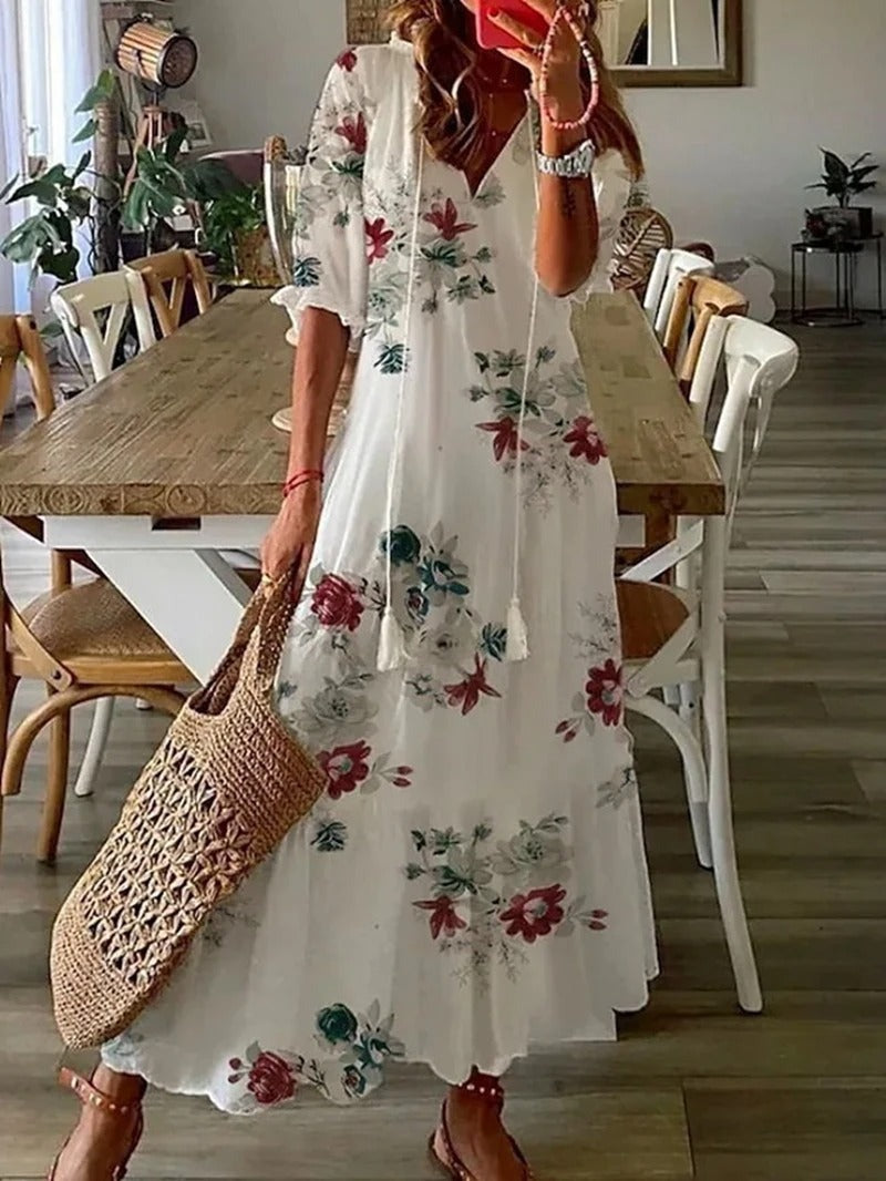 Damska Sukienka Letnia Maxi w Kwiaty - Zwiewna Sukienka z Dekoltem V i Krótkim Rękawem