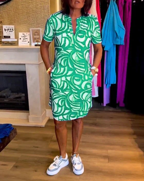 Damska Sukienka Midi we Wzory - Prosta Sukienka z Dekoltem V i Kieszeniami