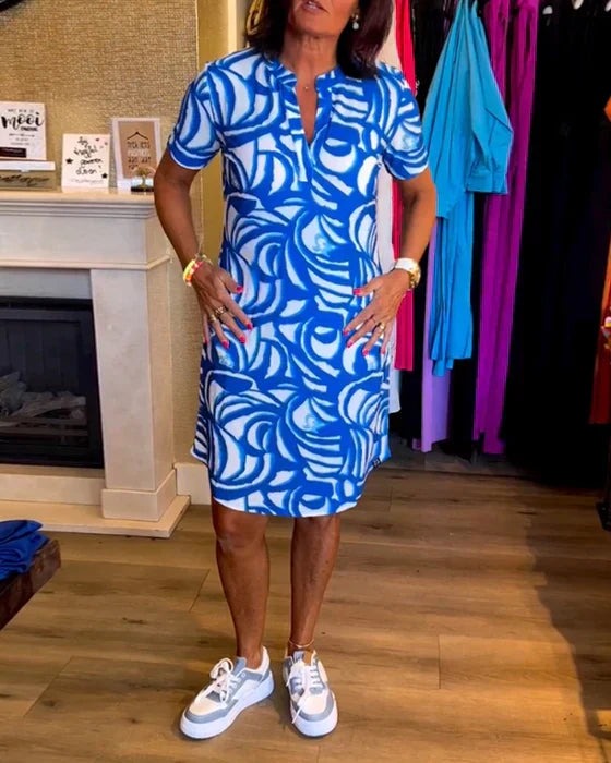 Damska Sukienka Midi we Wzory - Prosta Sukienka z Dekoltem V i Kieszeniami