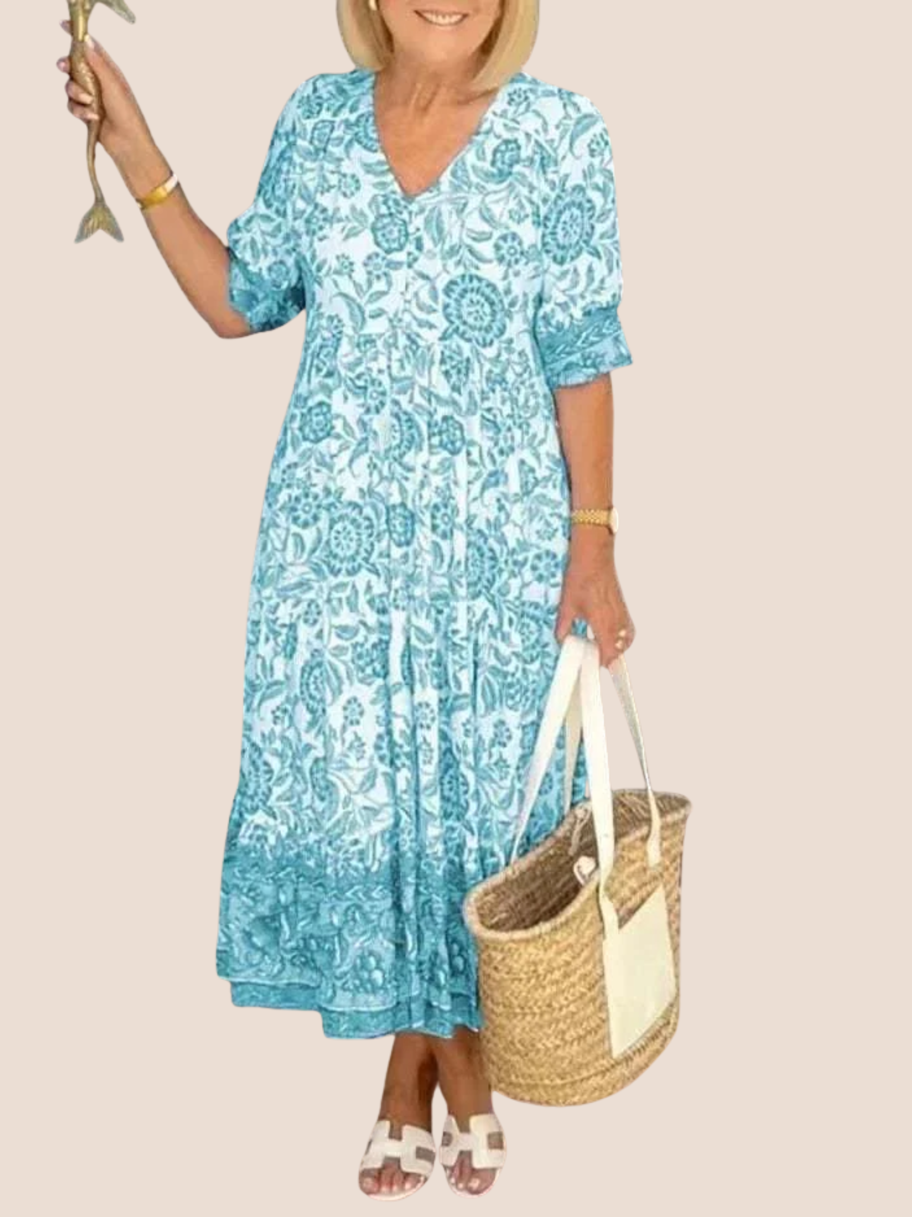 Sukienka w kwiaty z dekoltem w serek