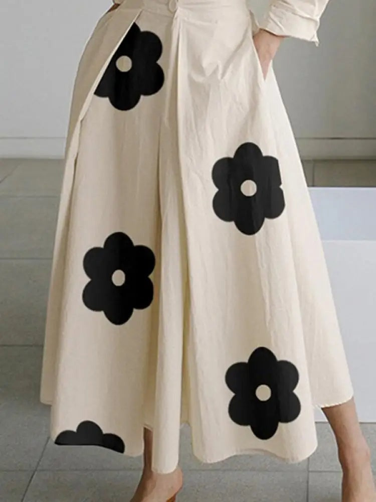 Damska Sukienka Maxi w Kwiaty z Kołnierzykiem - Rozkloszowana Sukienka z Paskiem