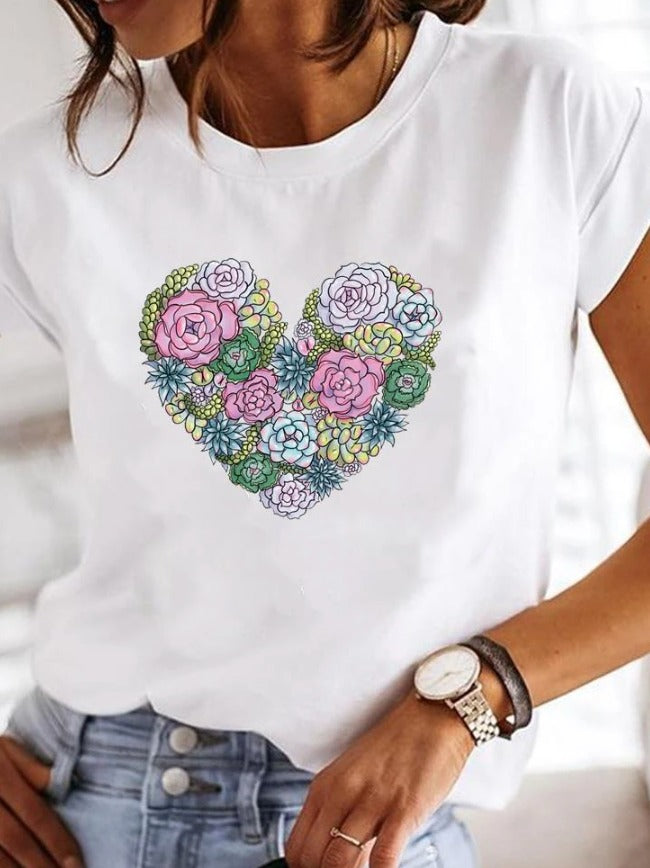 Damski T-shirt w Serca - Koszulka z Krótkim Rękawem