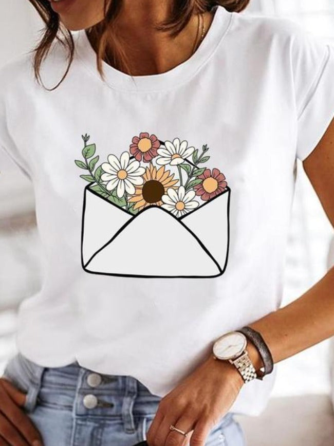 Damski T-shirt w Serca - Koszulka z Krótkim Rękawem