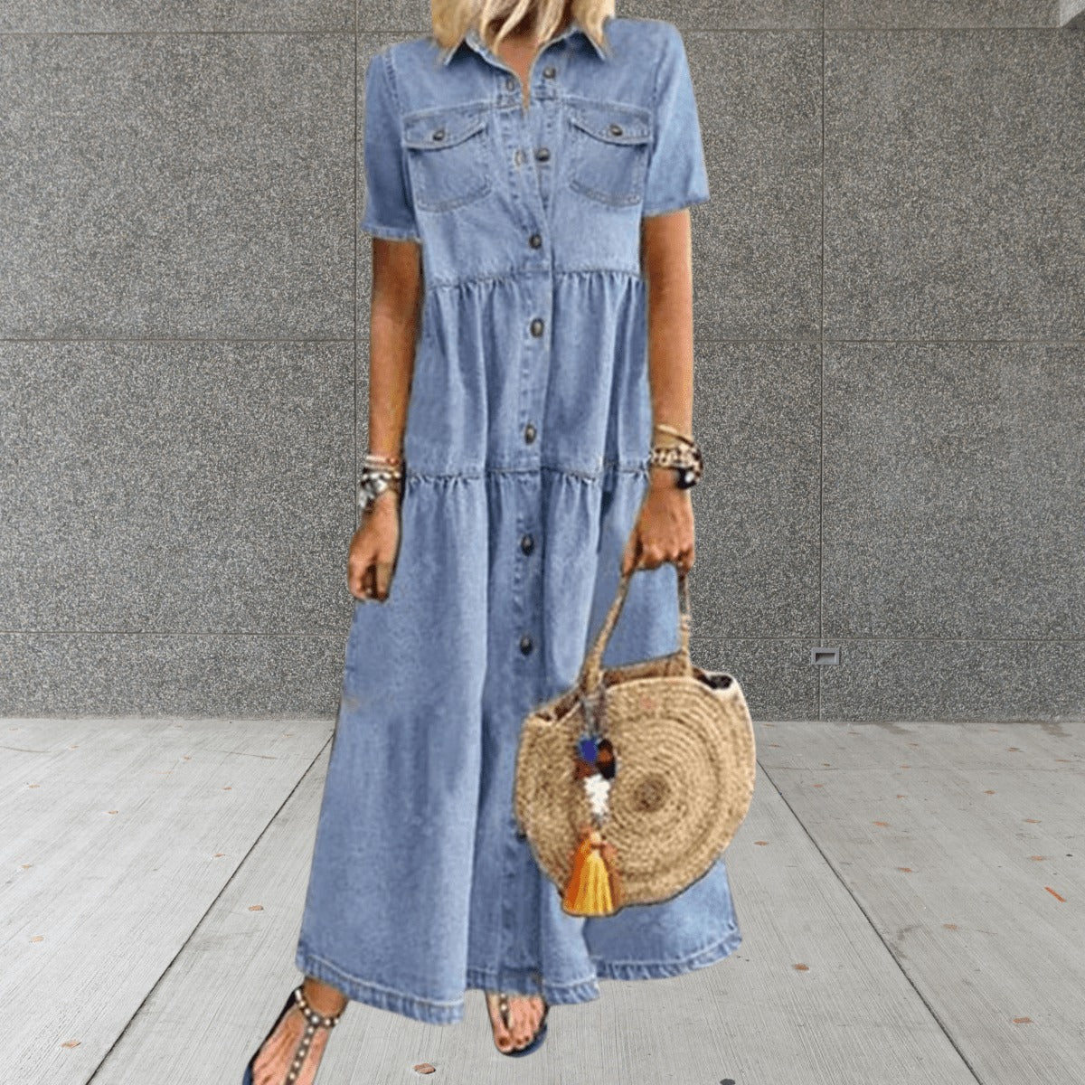 Sukienka Maxi Damska z Guzikami - Koszulowa Sukienka z Krótkim Rękawem