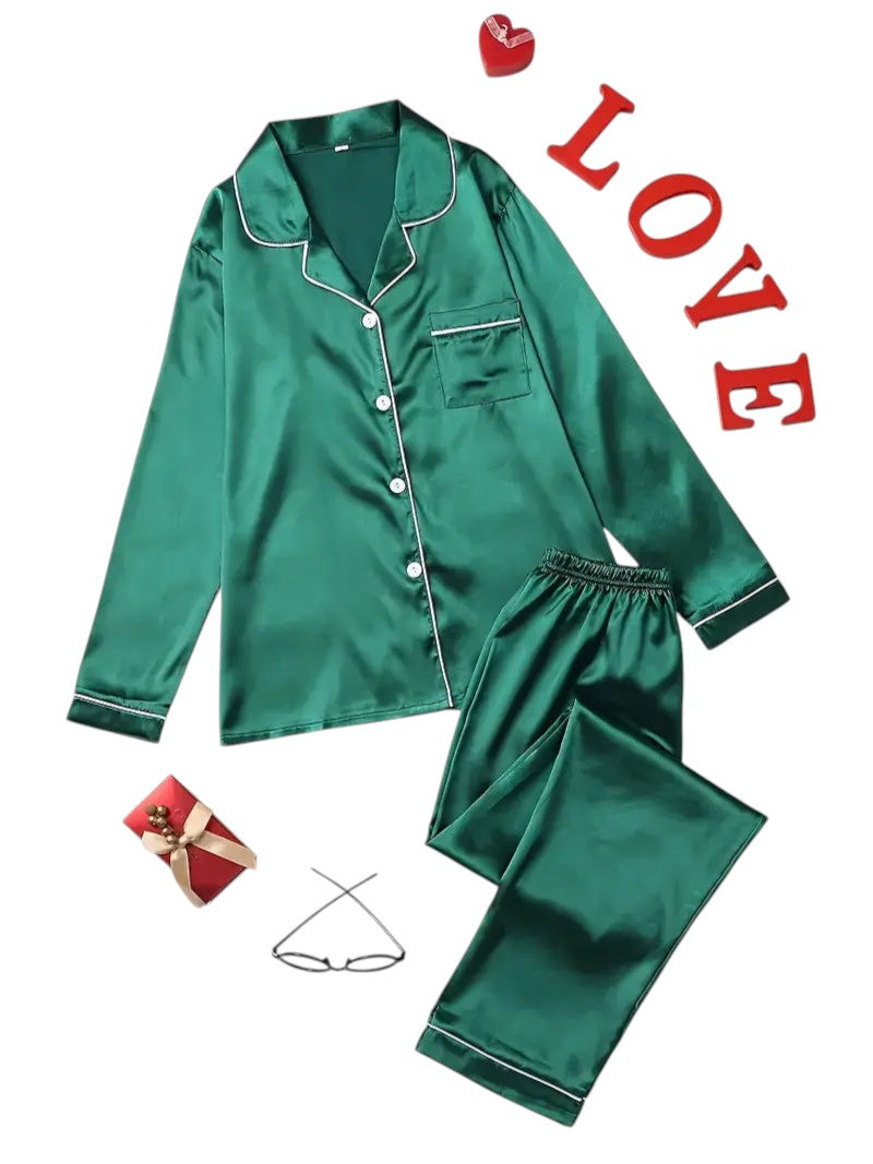Piżama Damska Satynowa Zestaw – Z Długim Rękawem i Kołnierzykiem