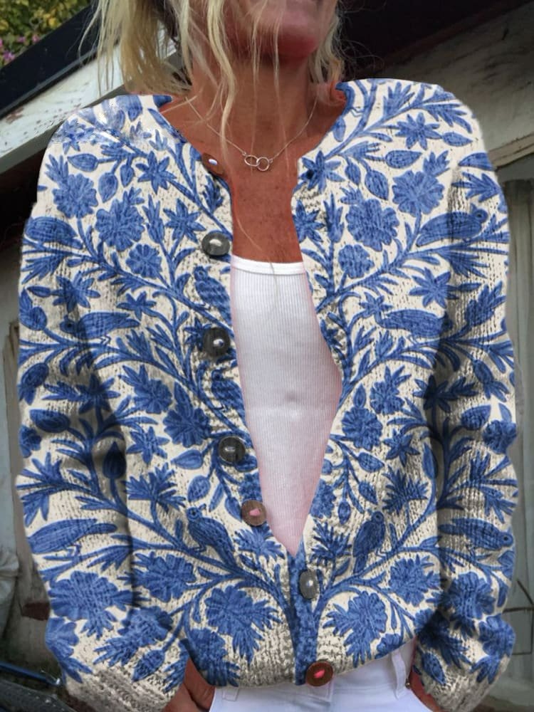 Damski Kardigan Dzianinowy we Wzory - Krótki Sweter Rozpinany z Guzikami