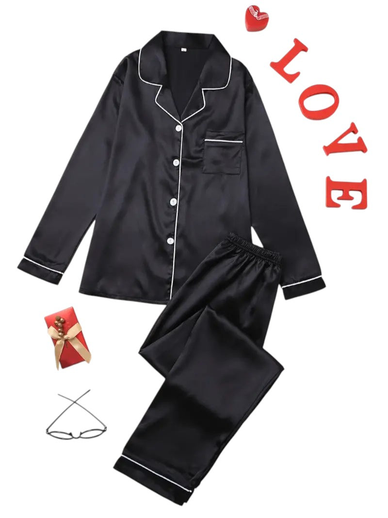 Piżama Damska Satynowa Zestaw – Z Długim Rękawem i Kołnierzykiem