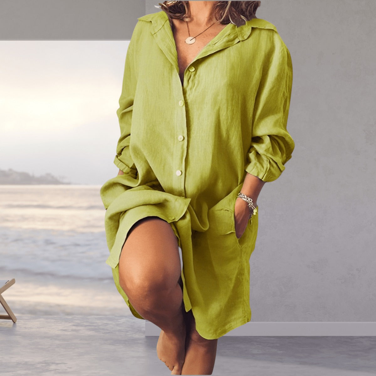 Biała Sukienka Koszulowa Oversize - Luźna Tunika Damska z Długim Rękawem