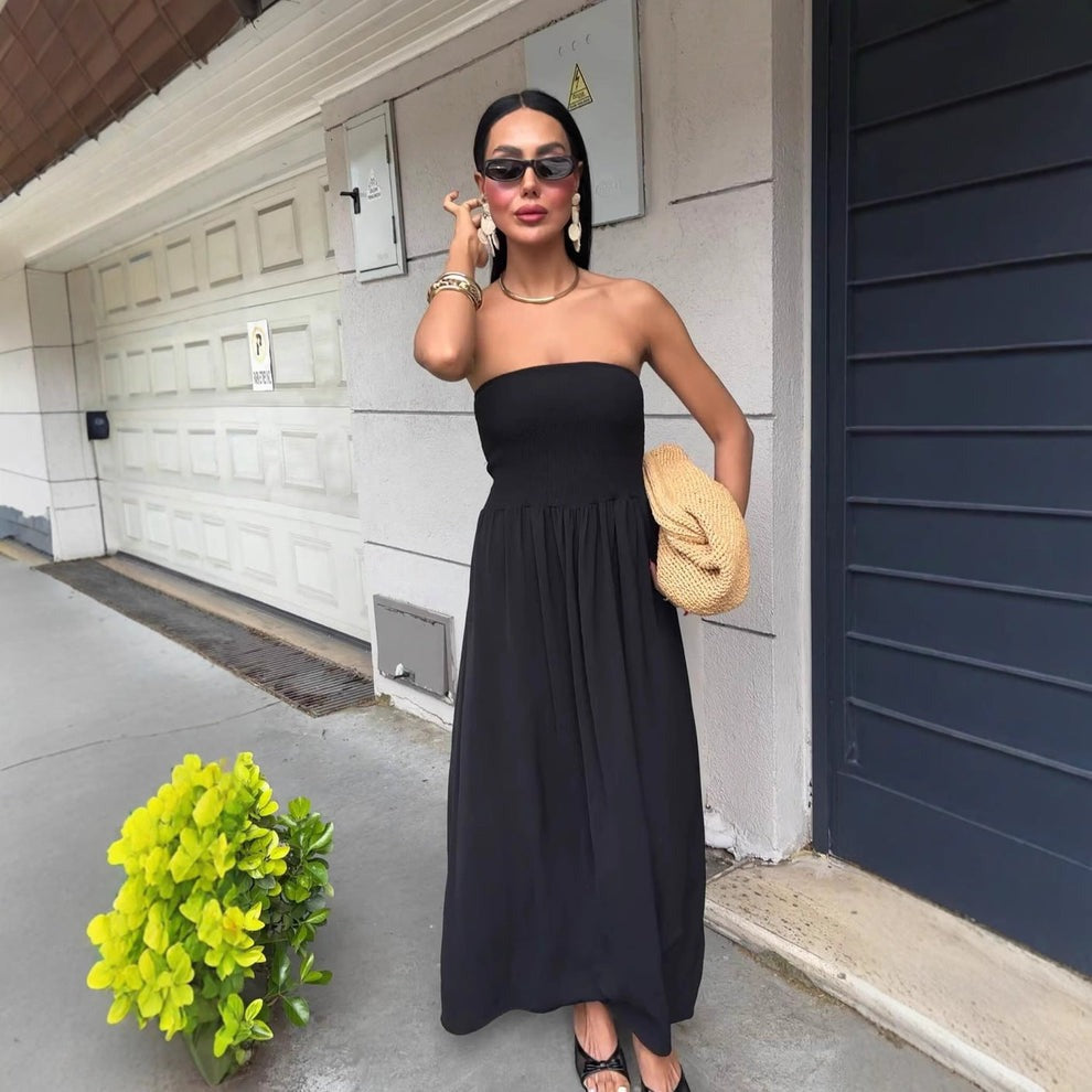 Sukienka Midi bez Ramiączek z Marszczeniem - Letnia Sukienka Bandeau