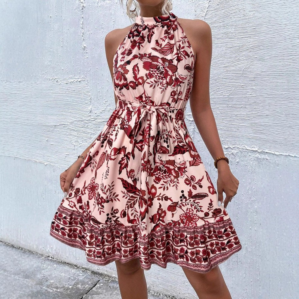 Sukienka Mini z Dekoltem Halter i Paskiem - Letnia Sukienka w Kwiaty