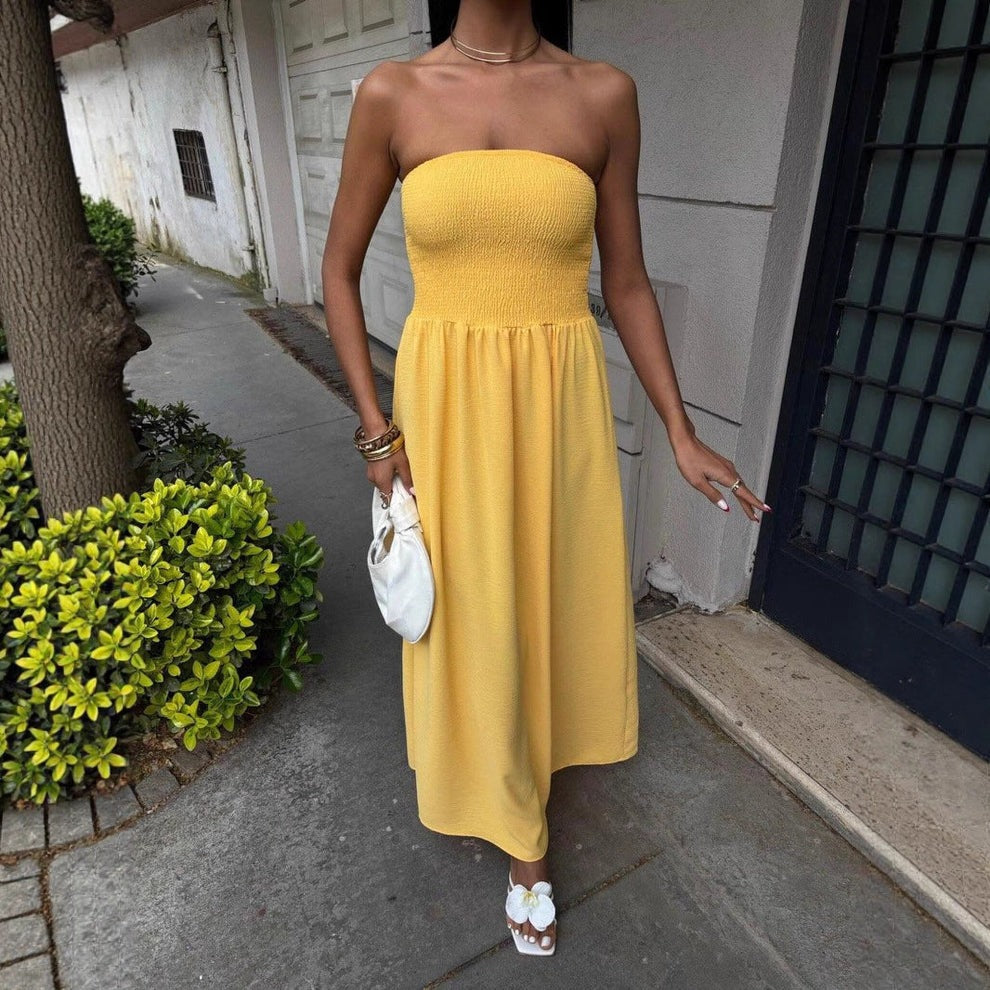 Sukienka Midi bez Ramiączek z Marszczeniem - Letnia Sukienka Bandeau