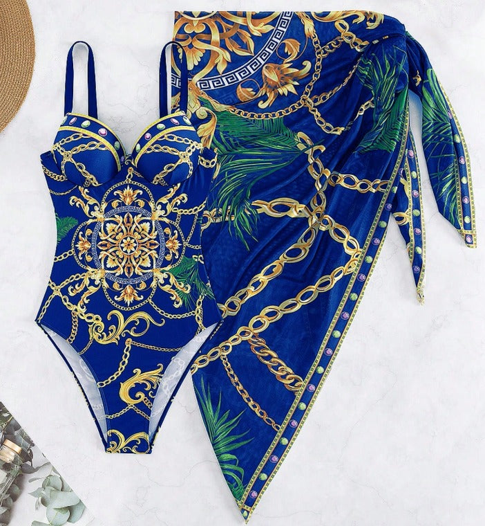 Damski Strój Kąpielowy w Jednoczęściowy we Wzory - Kostium Kąpielowy z Dopasowaną Spódnicą Plażową