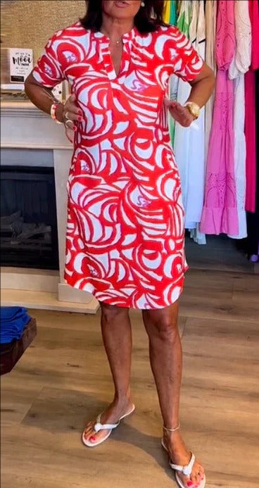 Damska Sukienka Midi we Wzory - Prosta Sukienka z Dekoltem V i Kieszeniami