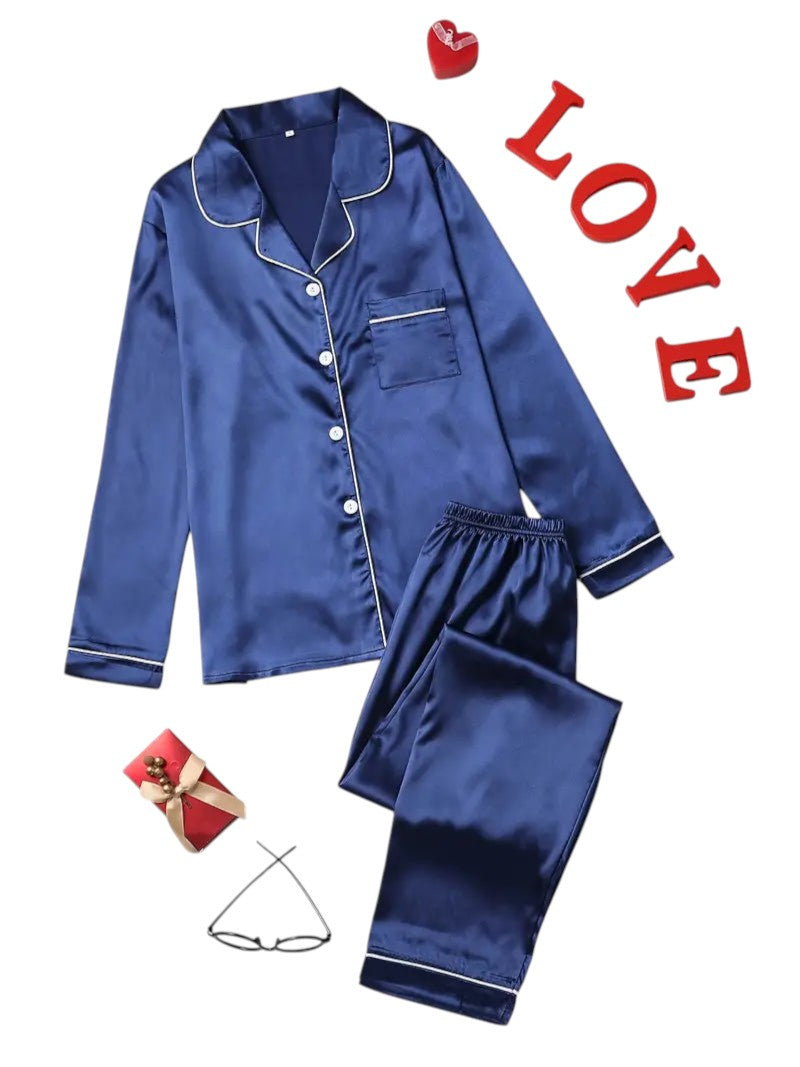Piżama Damska Satynowa Zestaw – Z Długim Rękawem i Kołnierzykiem