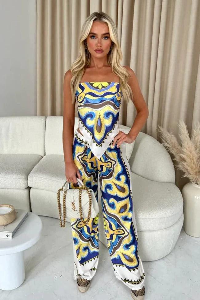 Damski Komplet Dwuczęściowy w Wzory - Top na Ramiączkach i Szerokie Spodnie