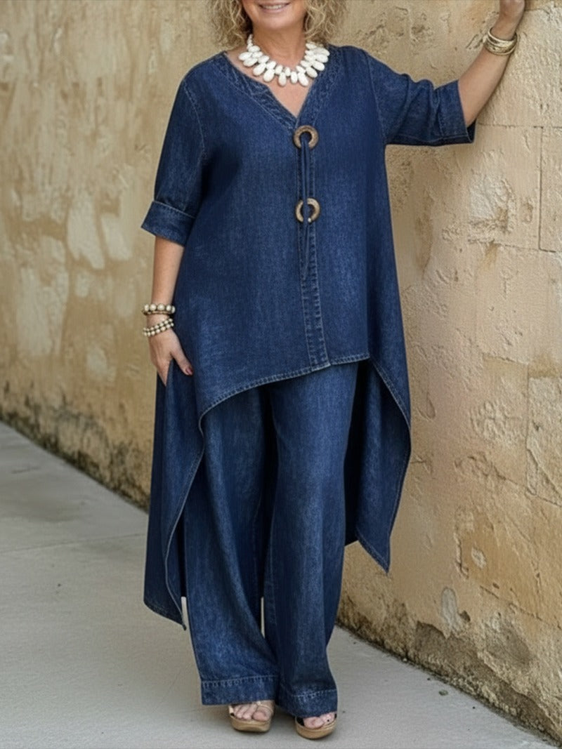 Komplet Jeansowy Damski – Tunika z Dekoltem V i Szerokie Spodnie