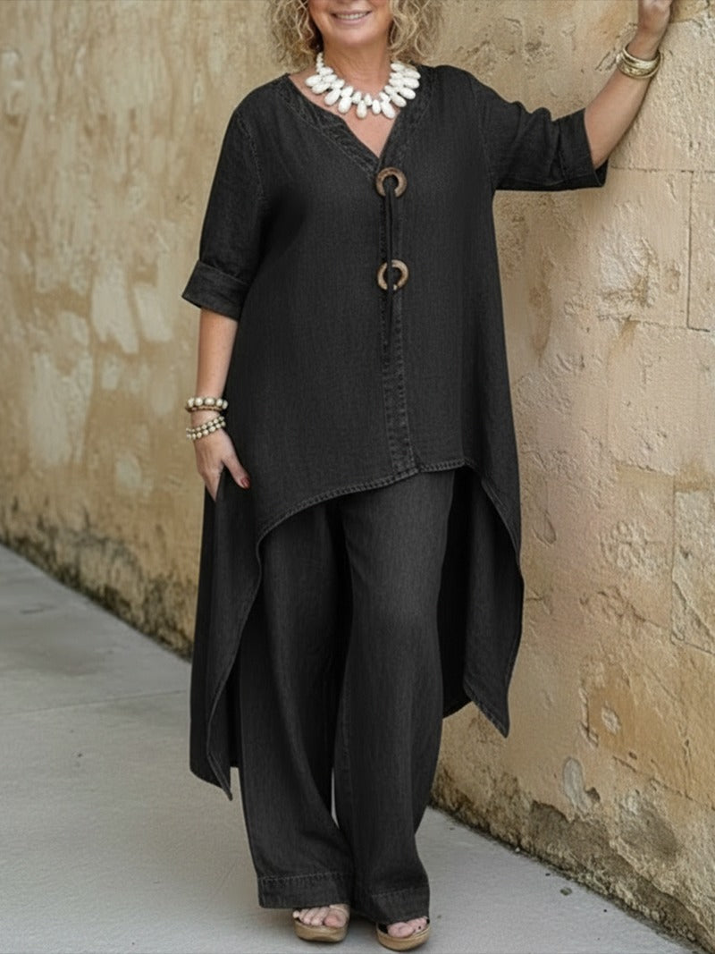 Komplet Jeansowy Damski – Tunika z Dekoltem V i Szerokie Spodnie