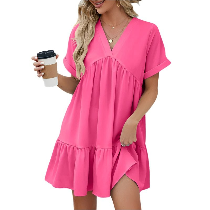 Biała Sukienka Mini o Kroju A - Sukienka z Dekoltem V i Falbaną