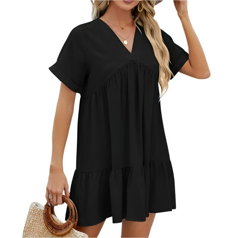 Biała Sukienka Mini o Kroju A - Sukienka z Dekoltem V i Falbaną