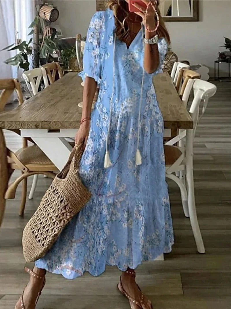Damska Sukienka Letnia Maxi w Kwiaty - Zwiewna Sukienka z Dekoltem V i Krótkim Rękawem