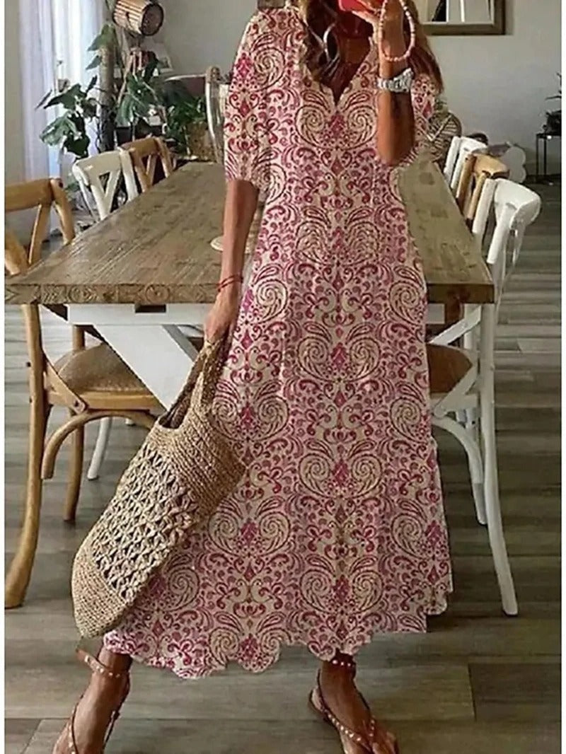 Damska Sukienka Letnia Maxi w Kwiaty - Zwiewna Sukienka z Dekoltem V i Krótkim Rękawem