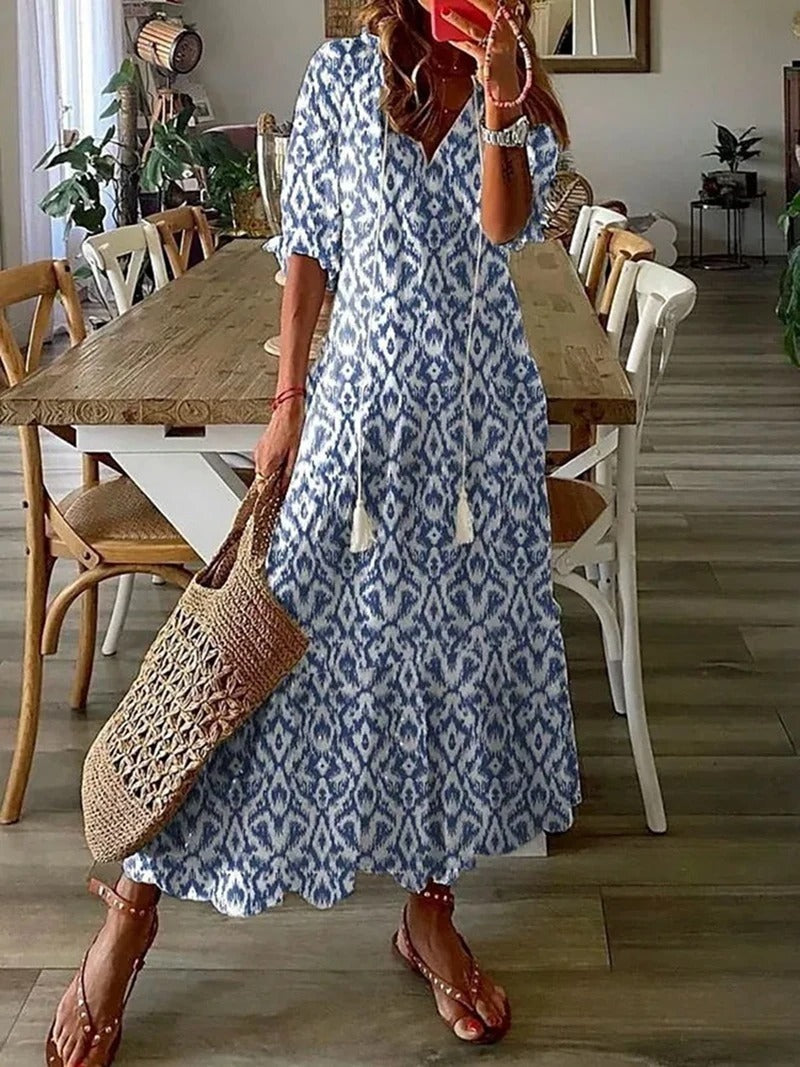 Damska Sukienka Letnia Maxi w Kwiaty - Zwiewna Sukienka z Dekoltem V i Krótkim Rękawem